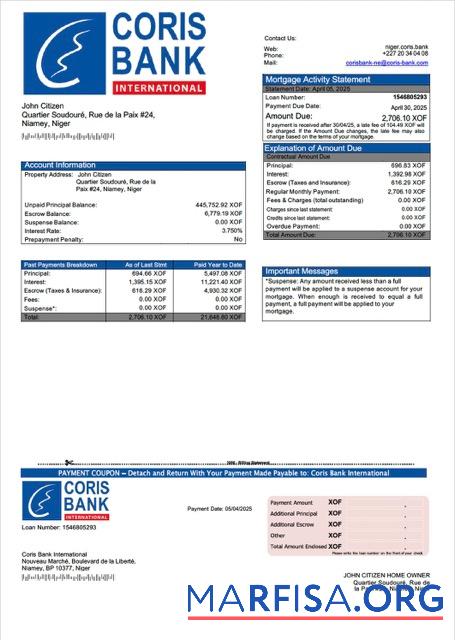 Realistic Niger Coris Bank International mortgage statement Word and PDF template